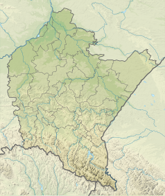 Mapa konturowa województwa podkarpackiego, blisko centrum na prawo znajduje się czarny trójkącik z opisem „Wapielnica”