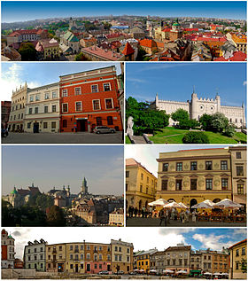 Top: panorama of Old Town Lublin, including Crown Tribural Second left: façade buildings in Staego Street. Second right: Lublin Castle. Third left: view of Tynitarska Tower, Cracow Gate and many of historical built from Miasto Square. Third right: Tentement house in Klonawica Street, Bottom: view of Plac po Farze area