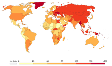 The number of deaths attributed to smoking per 100,000 people in 2017[74]