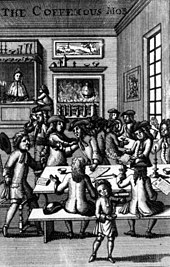 In a windowed room, with a large fire blazing in the background, two long tables accommodate groups of men engaged in apparent discussion. Other men sit reading and smoking pipes, backs to the viewer. In the foreground, a small serving boy pours coffee from a container into a cup. In the distance, next to the fireplace, a woman serves from a hatch.