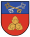 A coat of arms depicting a golden key overlapping a silver key on a blue background at the top and three golden nuts on a red background on the bottom