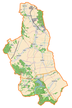 Mapa konturowa gminy Dobromierz, na dole po prawej znajduje się punkt z opisem „Szymanów”