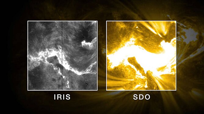 Deux vues de l'éruption solaire de classe X du 10 septembre 2014 prises par IRIS et l'observatoire solaire SDO.