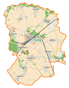 Mapa konturowa gminy Jaworzyna Śląska, na dole nieco na lewo znajduje się punkt z opisem „Pałac w Milikowicach”