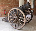 European wooden cannon. Calibre: 90 mm. Wooden barrel with thin iron insert and and iron rings supporting the barrel. Germanisches Nationalmuseum Nuremberg