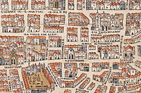 Hôpital Sainte-Catherine, à l'angle des actuels 20 rue Saint-Denis et 33 bis rue des Lombards (plan de Braun et Hogenberg, vers 1530).