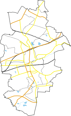 Mapa konturowa Zabrza, blisko lewej krawiędzi znajduje się punkt z opisem „Zespół szybu Maciej”