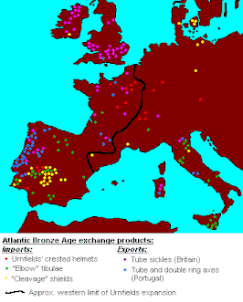 handelsbetrekkingen tijdens de Atlantische bronstijd; de zwarte lijn geeft de westelijke grens van de urnenveldencultuur aan