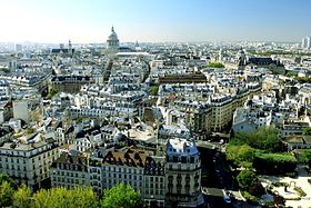 Vue de la montagne Sainte-Geneviève depuis les tours de la cathédrale Notre-Dame au nord avec de gauche à droite l'église Saint-Étienne-du-Mont, le Panthéon et la Sorbonne ; au premier plan, à droite, le square René-Viviani.