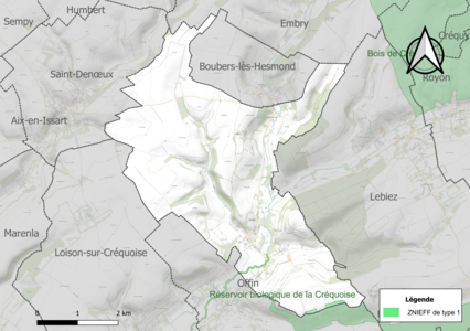 Carte des ZNIEFF de type 1 sur la commune.