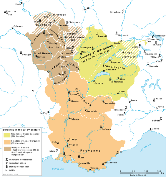 Le royaume de Haute Bourgogne (en vert) dans la Bourgogne du Xe siècle