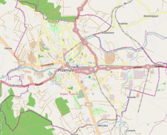 Mapa konturowa Przemyśla, blisko centrum na dole znajduje się punkt z opisem „Państwowa Akademia Nauk Stosowanych w Przemyślu”