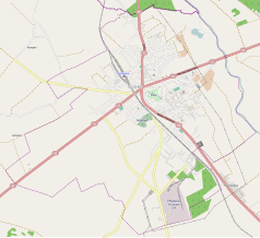 Mapa konturowa Grajewa, blisko centrum na prawo znajduje się punkt z opisem „Parafia pw. św. Ojca Pio w Grajewie”