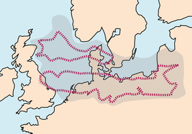 Bassin permien européen, les lignes violettes en pointillés indiquent la répartition des bassins du Zechstein (bassin permien du nord et bassin permien du sud)