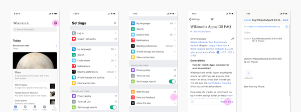 4 screenshots from the iOS app. Highlights on Settings gear, then Help and Feedback, then Report a bug. The last screenshot is a prefilled email to the iOS support team.