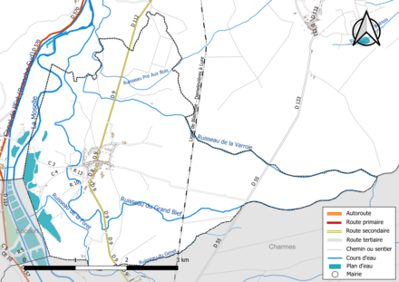 Carte en couleur présentant le réseau hydrographique de la commune