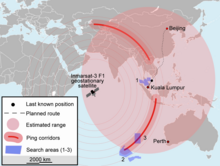 Carte décrivant les deux arcs de recherche de l'avion