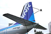 航空公園駅前に静態保存されている所沢航空発祥記念館所有のYS-11の尾翼。Aが方向舵のスプリング・タブ(トリム・タブを兼用)　Bが昇降舵のバランス・タブ　Cが昇降舵のトリム・タブ。