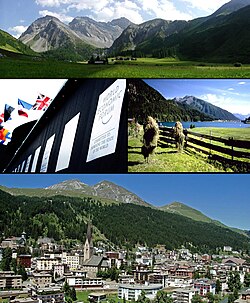 Top: View of the Sertig Valley, Middle left: World Economic Forum congress centre, Middle right: Lake Davos, Bottom: View over Davos