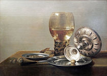 彼得·克拉斯（英语：Pieter Claesz）的《有玻璃杯和銀器的靜物畫》（Stillleben mit Römer und Silberschale），43.2 × 60cm，約作於1630年，1845年始藏[59]