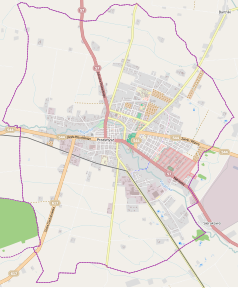 Mapa konturowa Przasnysza, w centrum znajduje się punkt z opisem „Muzeum Historyczne w Przasnyszu”