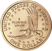 Pièce de monnaie représentant un aigle en vol, entouré d'étoiles et les inscriptions UNITED STATES OF AMERICA, One dollar et E Pluribus Unum.