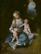 La llamada Virgen de la Sandalia,[17]​ de Correggio, ca. 1516, Museo del Prado[18]​ (hay otra versión del tema por mismo autor en el Art Institute of Chicago).[19]​