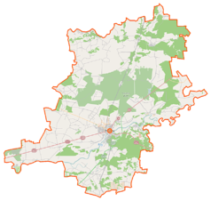 Mapa konturowa powiatu wyszkowskiego, u góry znajduje się punkt z opisem „Adamowo”