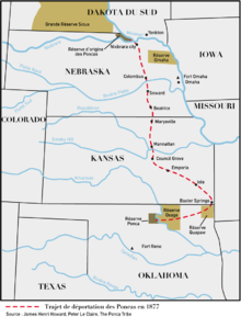 Carte des États centraux des États-Unis faisant apparaître le trajet de déportation des Poncas du nord du Nebraska à l'Oklahoma.