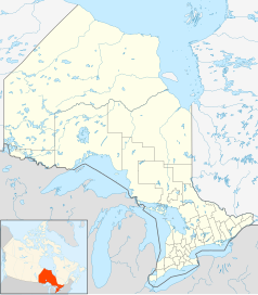 Mapa konturowa Ontario, na dole nieco na prawo znajduje się punkt z opisem „Lambton Shores”