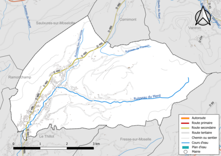 Carte en couleur présentant le réseau hydrographique de la commune