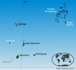 Islands of the Republic of Mauritius labelled in black; Chagos Archipelago and Tromelin are claimed by Mauritius.को स्थान