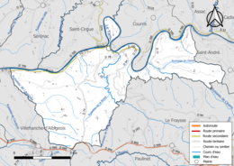 Carte en couleur présentant le réseau hydrographique de la commune