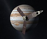 Vue d'artiste de la sonde Juno (Jupiter est en arrière-plan).