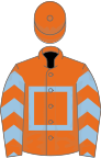 Orange, light blue hollow box, chevrons on sleeves