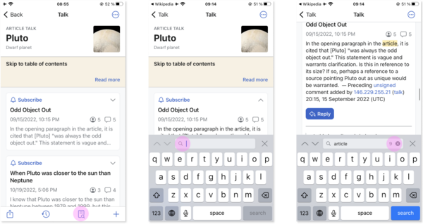Three screenshots. The left shows the talk page for Pluto, with the "Find in page" option highlighted. Center shows an active keyboard with a highlight on the search box. Right shows a search for "article" highlighting "article" in the talk page.