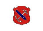 An insiginia in the form of a red shield. On the shield are a white anchor crossed by a blue cannon barrel.