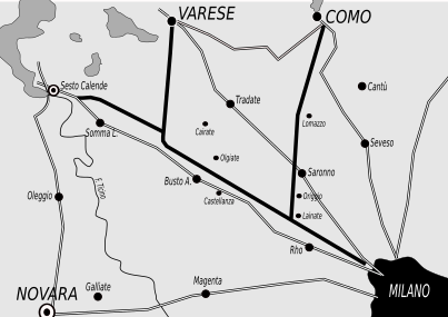 Historical map of 1926 of the Autostrada dei Laghi ("Lakes Motorway"; now parts of the Autostrada A8 and the Autostrada A9) opened on 21 September 1924 in Italy, the first motorway ever built in the world