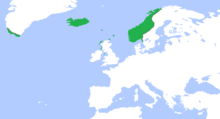 Carte des territoires sous domination norvégienne en 1265, y compris l'Islande et le Groenland