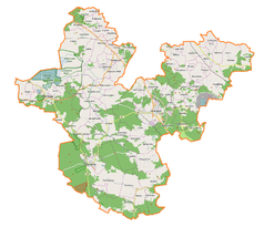 Mapa konturowa powiatu polkowickiego, w centrum znajduje się punkt z opisem „Osiedle Henryka Sienkiewicza”