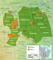 Image 2Map showing the general locations of the tribes and subtribes of the Sioux by the late 18th century; current reservations are shown in orange. (from History of South Dakota)