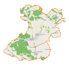 Mapa konturowa gminy Karczmiska, w centrum znajduje się punkt z opisem „Parafia Świętego Wawrzyńca”