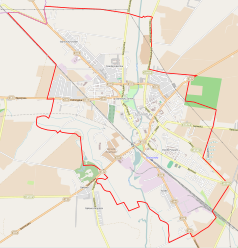 Mapa konturowa Szamotuł, blisko centrum u góry znajduje się punkt z opisem „AŚ Szamotuły”