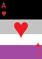 An ace of hearts used to symbolize romantic asexuality; note that it is colored like the asexual flag except for the red, and that red and hearts are traditional symbols of romance.