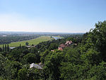 View from a low hill over a large river running towards a big city.