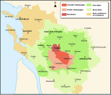 Carte des différentes zones de production du Cognac et du Pineau dans les deux Charentes : Saint-Genis-de-Saintonge est en Bons bois