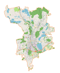 Mapa konturowa gminy Skoczów, na dole znajduje się punkt z opisem „Bładnice”