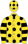 Yellow, black spots, hooped sleeves and spots on cap