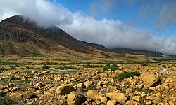 Rocky land in front of a mountain