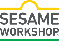 Logo for Sesame Workshop, created in 2018 simultaneously. Features the words "SESAME WORKSHOP" (all-caps) in gray inside border lines of yellow on the top and green on the bottom that together form a shape similar to the "Sesame Street" sign.